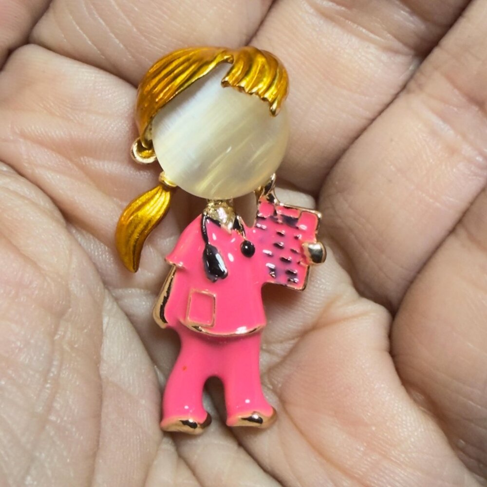 Nurse Brooch Pink Scrubs Medical Pin Gold Tone 1.75 Inch